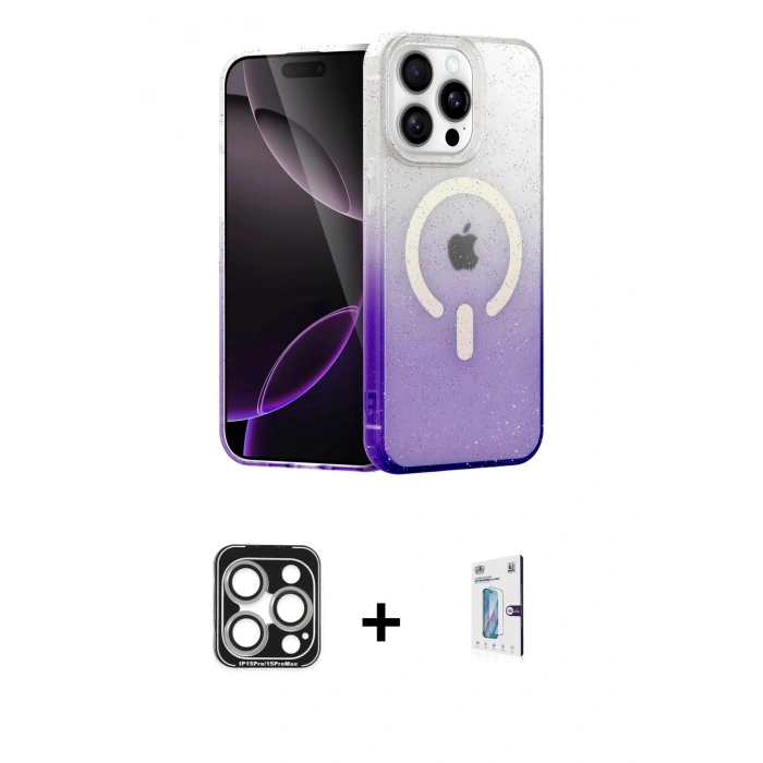 MARSİLYAN™- iPhone 15 Pro Max Kılıf Eksen Minimal Özel Seri - Siyah Bilvis 0.18mm Plus Cam Ekran Koruyucu + PVD Metal Kamera Lens - GS