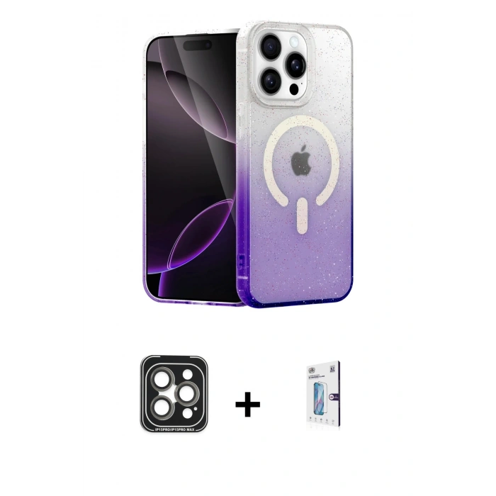 MARSİLYAN™- iPhone 15 Pro Max Kılıf Eksen Minimal Özel Seri - Siyah Bilvis 0.18mm Plus Cam Ekran Koruyucu + PVD Metal Kamera Lens - GI