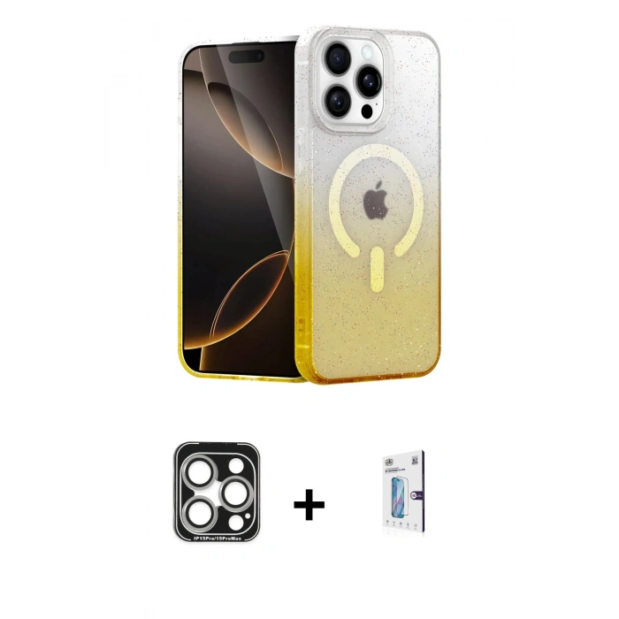 MARSİLYAN™- iPhone 15 Pro Max Kılıf Eksen Minimal Özel Seri - Siyah Bilvis 0.18mm Plus Cam Ekran Koruyucu + PVD Metal Kamera Lens - GS