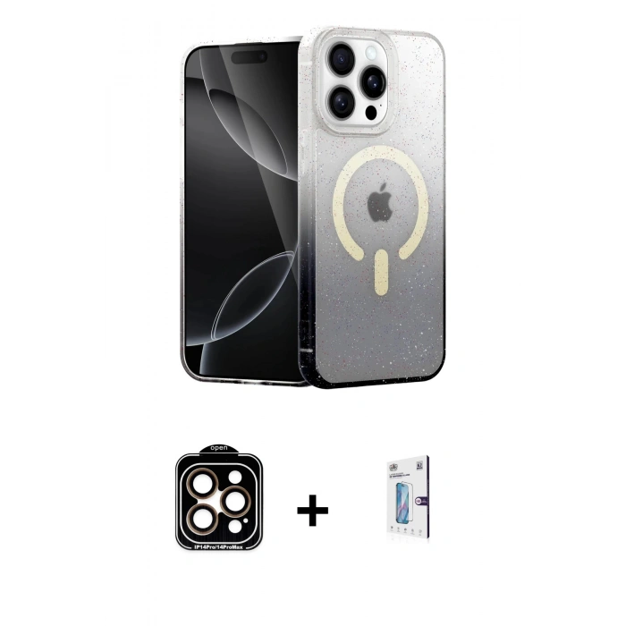 MARSİLYAN™- iPhone 15 Pro Max Kılıf Eksen Minimal Özel Seri - Siyah Bilvis 0.18mm Plus Cam Ekran Koruyucu + Turuncu PVD Metal Kamera Lens