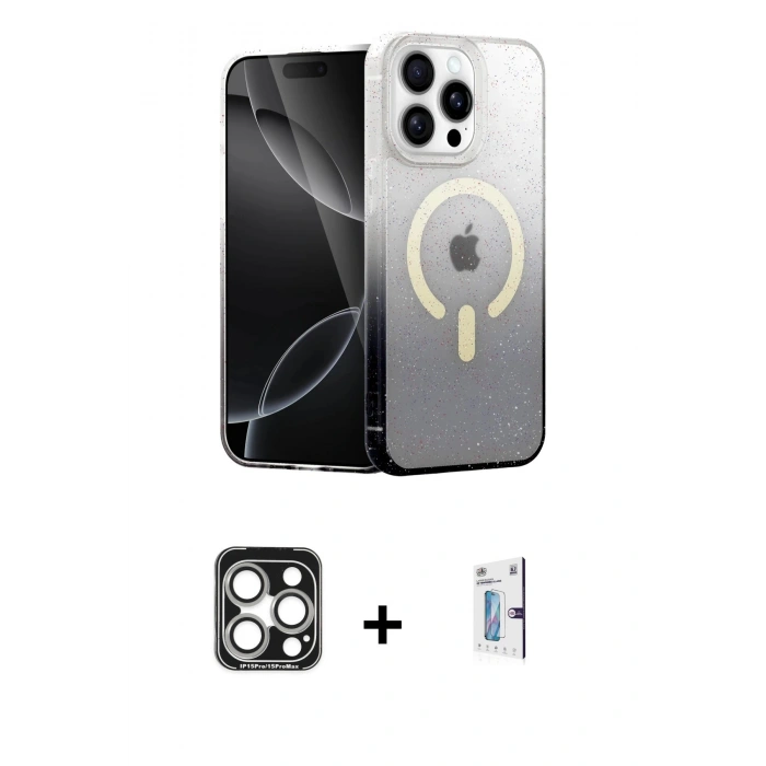 MARSİLYAN™- iPhone 15 Pro Max Kılıf Eksen Minimal Özel Seri - Siyah Bilvis 0.18mm Plus Cam Ekran Koruyucu + PVD Metal Kamera Lens - GS