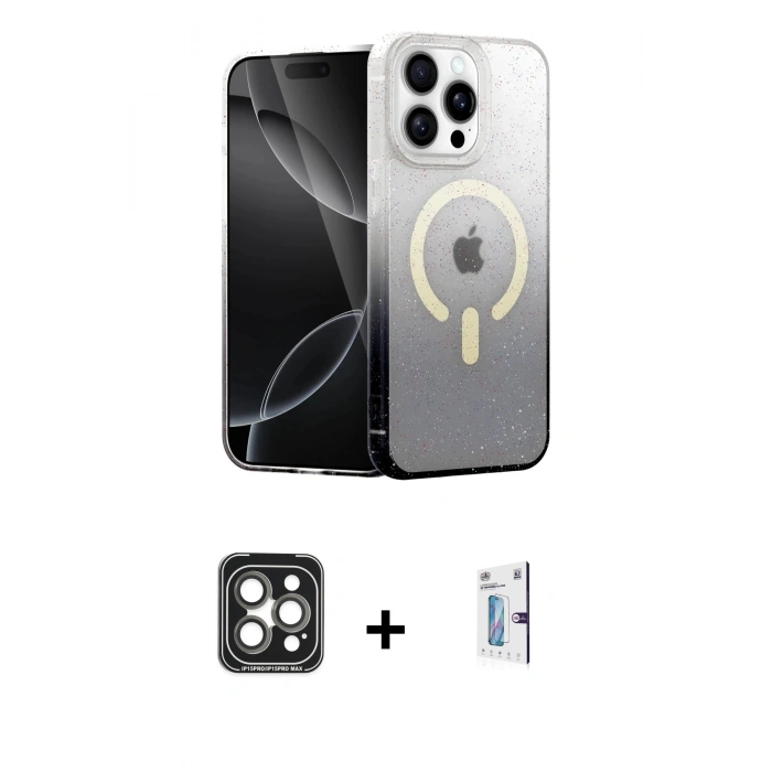 MARSİLYAN™- iPhone 15 Pro Max Kılıf Eksen Minimal Özel Seri - Siyah Bilvis 0.18mm Plus Cam Ekran Koruyucu + PVD Metal Kamera Lens - GI