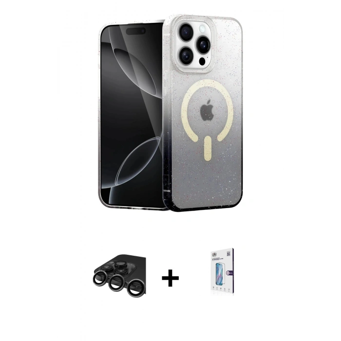 MARSİLYAN™- iPhone 15 Pro Max Kılıf Eksen Minimal Özel Seri - Siyah Bilvis 0.18mm Plus Cam Ekran Koruyucu + Raze Metal Kamera Lens - TMGI