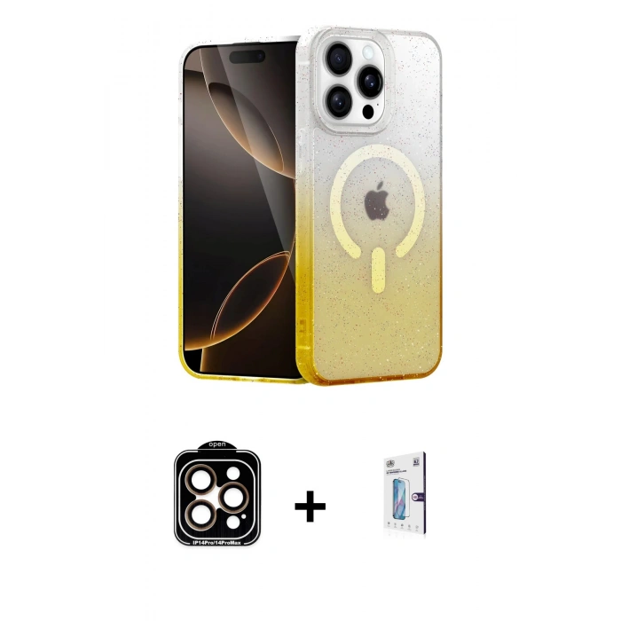 MARSİLYAN™- iPhone 15 Pro Max Kılıf Eksen Minimal Özel Seri - Siyah Bilvis 0.18mm Plus Cam Ekran Koruyucu + Turuncu PVD Metal Kamera Lens