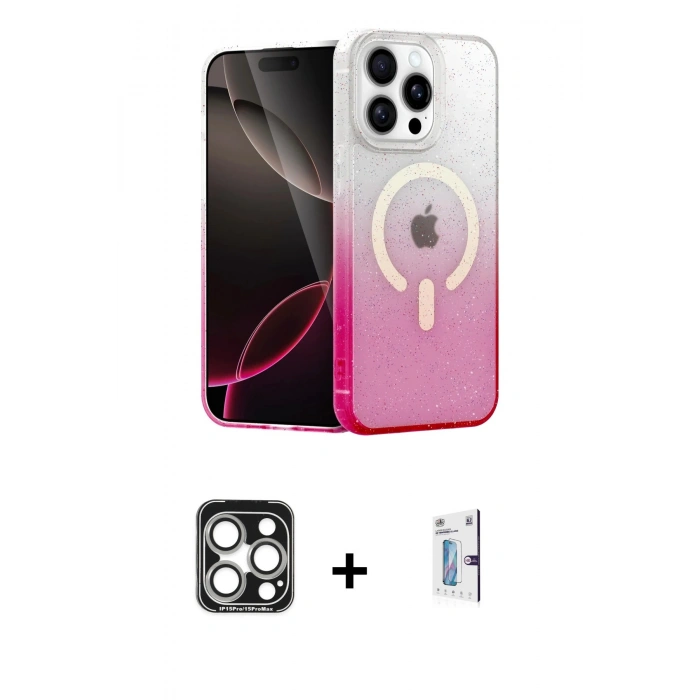 MARSİLYAN™- iPhone 15 Pro Max Kılıf Eksen Minimal Özel Seri - Siyah Bilvis 0.18mm Plus Cam Ekran Koruyucu + PVD Metal Kamera Lens - GS