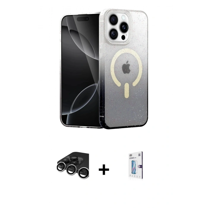 MARSİLYAN™- iPhone 15 Pro Max Kılıf Eksen Minimal Özel Seri - Siyah Bilvis 0.18mm Plus Cam Ekran Koruyucu + Raze Metal Kamera Lens - GS
