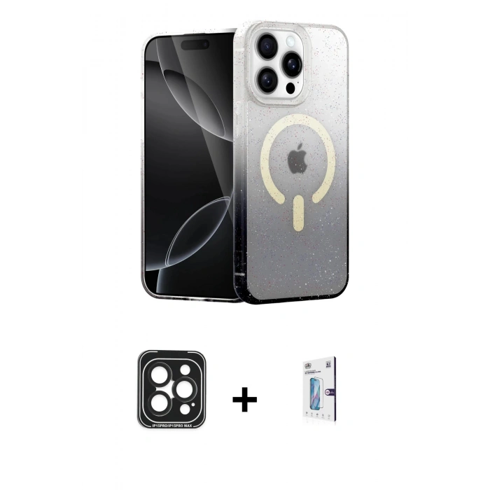 MARSİLYAN™- iPhone 15 Pro Max Kılıf Eksen Minimal Özel Seri - Siyah Bilvis 0.18mm Plus Cam Ekran Koruyucu + PVD Metal Kamera Lens - SH