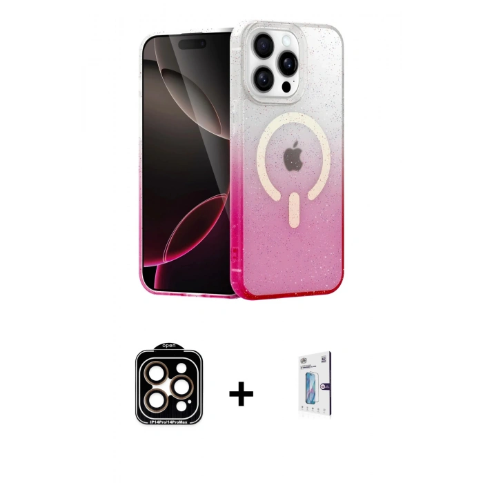 MARSİLYAN™- iPhone 15 Pro Max Kılıf Eksen Minimal Özel Seri - Siyah Bilvis 0.18mm Plus Cam Ekran Koruyucu + Turuncu PVD Metal Kamera Lens