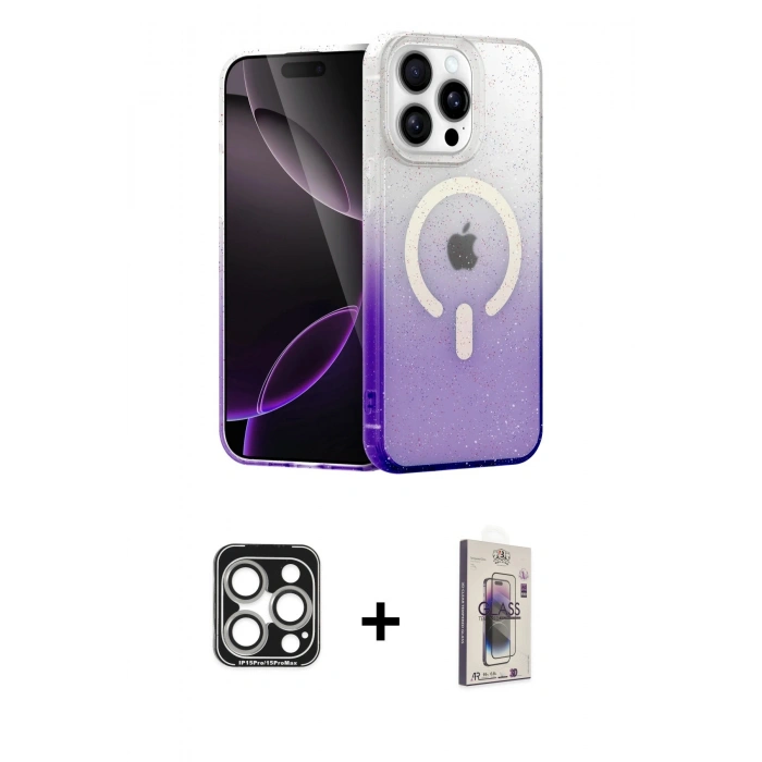 MARSİLYAN™- iPhone 15 Pro Max Kılıf Eksen Minimal Özel Seri - Siyah Bilvis 3D Cam Ekran Koruyucu + PVD Metal Kamera Lens - GS