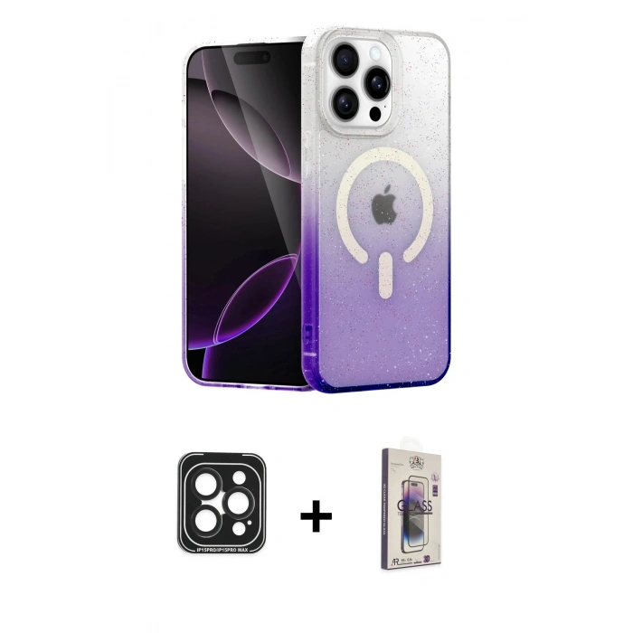 MARSİLYAN™- iPhone 15 Pro Max Kılıf Eksen Minimal Özel Seri - Siyah Bilvis 3D Cam Ekran Koruyucu + PVD Metal Kamera Lens - SH