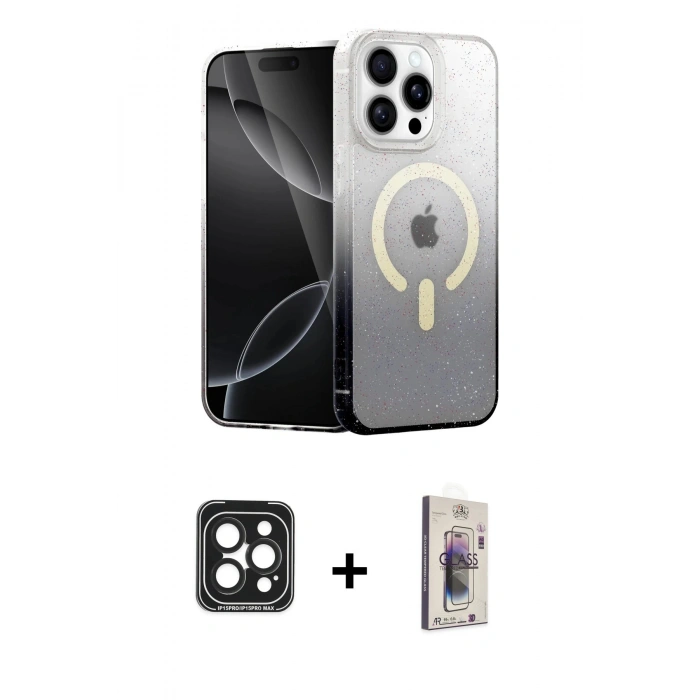 MARSİLYAN™- iPhone 15 Pro Max Kılıf Eksen Minimal Özel Seri - Siyah Bilvis 3D Cam Ekran Koruyucu + PVD Metal Kamera Lens - SH