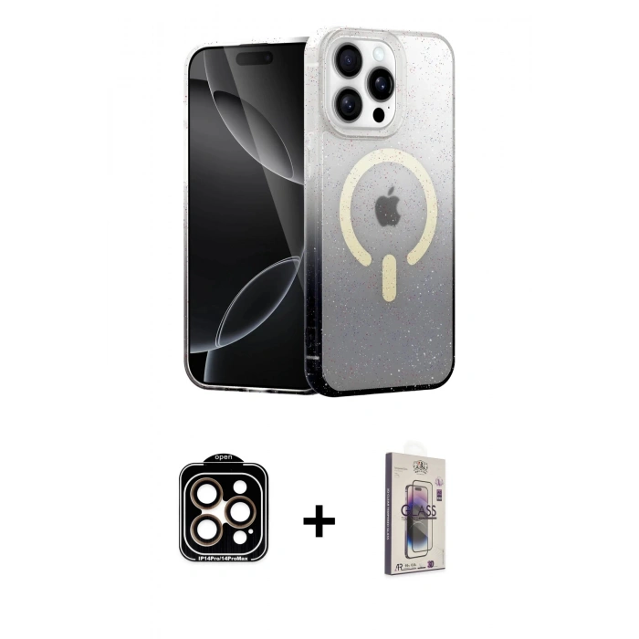 MARSİLYAN™- iPhone 15 Pro Max Kılıf Eksen Minimal Özel Seri - Siyah Bilvis 3D Cam Ekran Koruyucu + PVD Metal Kamera Lens - TU