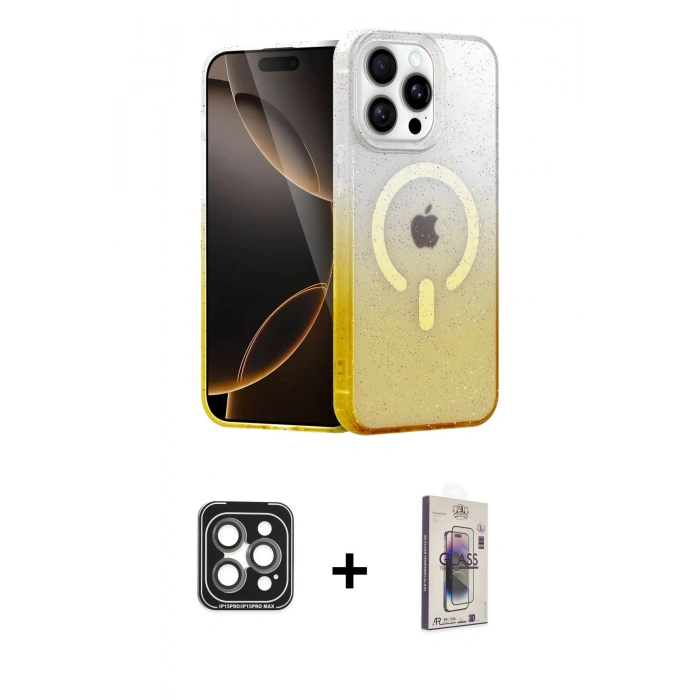MARSİLYAN™- iPhone 15 Pro Max Kılıf Eksen Minimal Özel Seri - Siyah Bilvis 3D Cam Ekran Koruyucu + PVD Metal Kamera Lens - GI