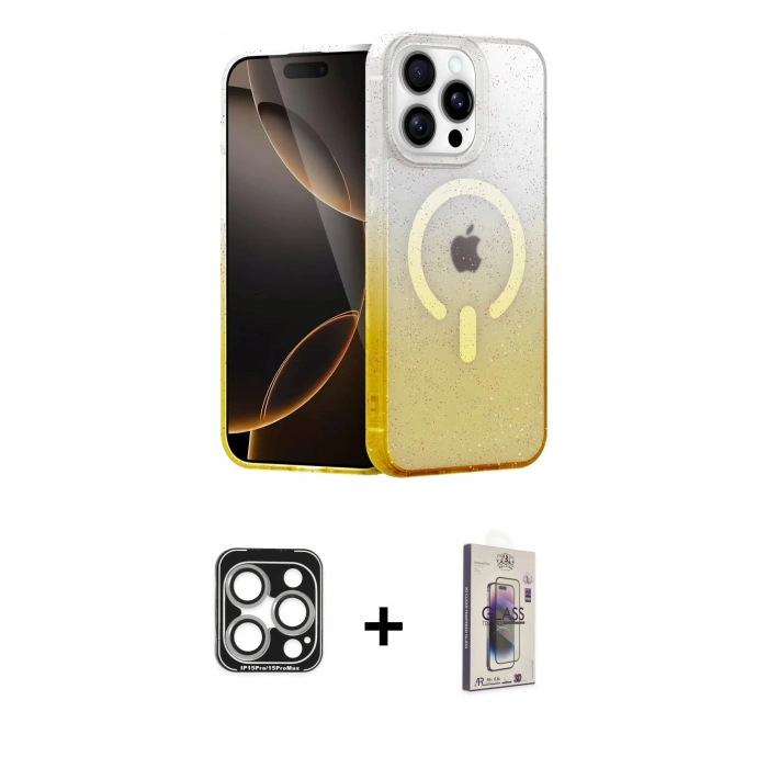 MARSİLYAN™- iPhone 15 Pro Max Kılıf Eksen Minimal Özel Seri - Siyah Bilvis 3D Cam Ekran Koruyucu + PVD Metal Kamera Lens - GS