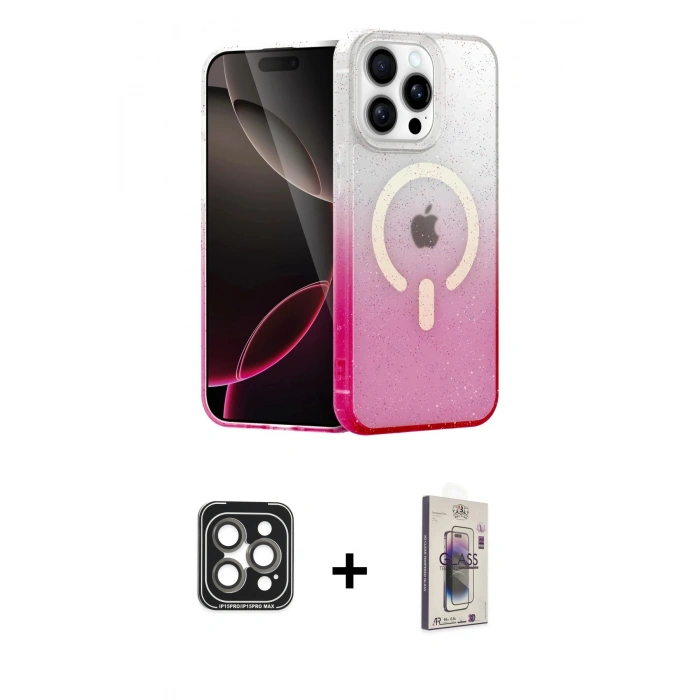 MARSİLYAN™- iPhone 15 Pro Max Kılıf Eksen Minimal Özel Seri - Siyah Bilvis 3D Cam Ekran Koruyucu + PVD Metal Kamera Lens - GI