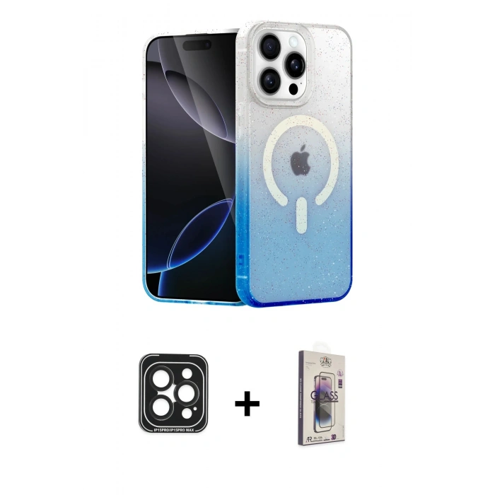 MARSİLYAN™- iPhone 15 Pro Max Kılıf Eksen Minimal Özel Seri - Siyah Bilvis 3D Cam Ekran Koruyucu + PVD Metal Kamera Lens - SH