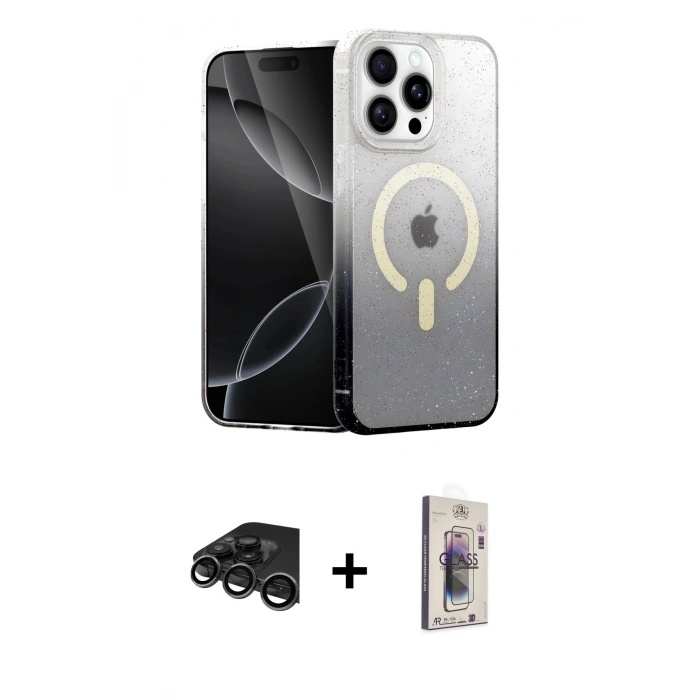 MARSİLYAN™- iPhone 15 Pro Max Kılıf Eksen Minimal Özel Seri - Siyah Bilvis 3D Cam Ekran Koruyucu + Raze Metal Kamera Lens - TMGI