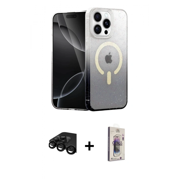 MARSİLYAN™- iPhone 15 Pro Max Kılıf Eksen Minimal Özel Seri - Siyah Bilvis 3D Cam Ekran Koruyucu + Raze Metal Kamera Lens - SH