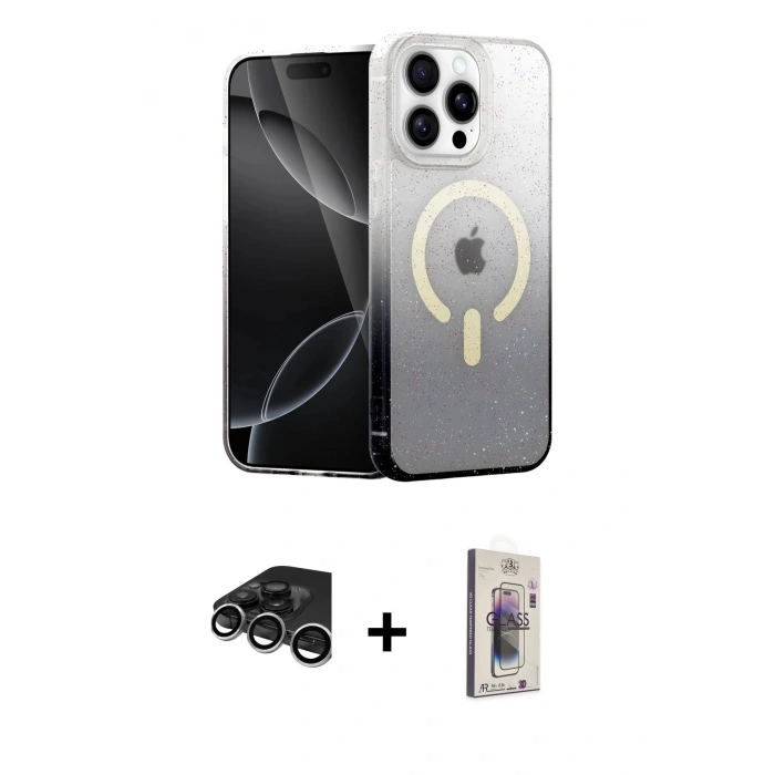 MARSİLYAN™- iPhone 15 Pro Max Kılıf Eksen Minimal Özel Seri - Siyah Bilvis 3D Cam Ekran Koruyucu + Raze Metal Kamera Lens - GS