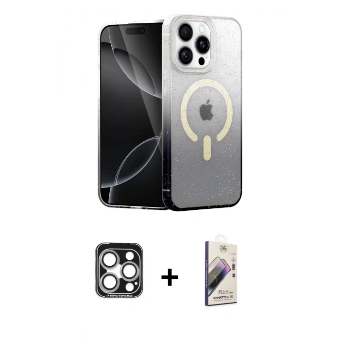 MARSİLYAN™- iPhone 15 Pro Max Kılıf Eksen Minimal Özel Seri - Siyah Bilvis 3D Mat Cam Ekran Koruyucu + PVD Metal Kamera Lens - GS