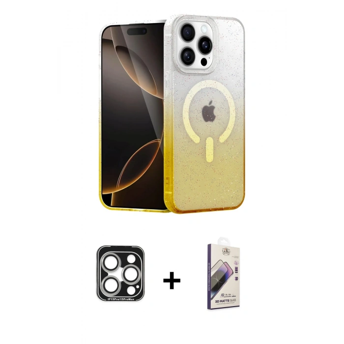 MARSİLYAN™- iPhone 15 Pro Max Kılıf Eksen Minimal Özel Seri - Siyah Bilvis 3D Mat Cam Ekran Koruyucu + PVD Metal Kamera Lens - GS
