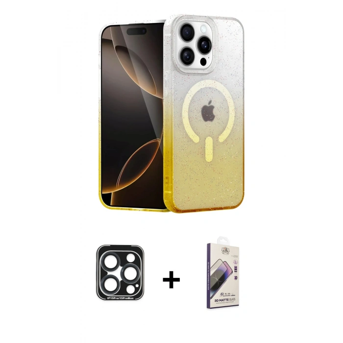MARSİLYAN™- iPhone 15 Pro Max Kılıf Eksen Minimal Özel Seri - Siyah Bilvis 3D Mat Cam Ekran Koruyucu + PVD Metal Kamera Lens - LT