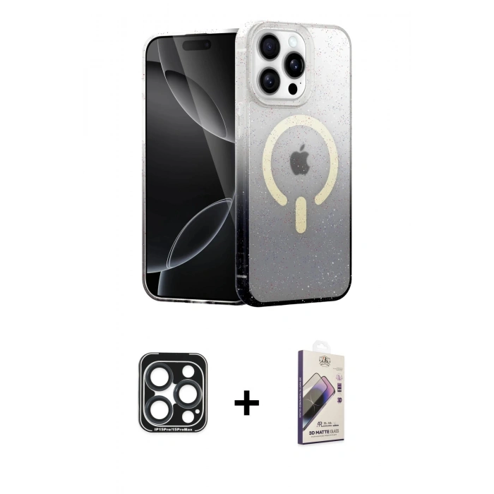 MARSİLYAN™- iPhone 15 Pro Max Kılıf Eksen Minimal Özel Seri - Siyah Bilvis 3D Mat Cam Ekran Koruyucu + PVD Metal Kamera Lens - LT