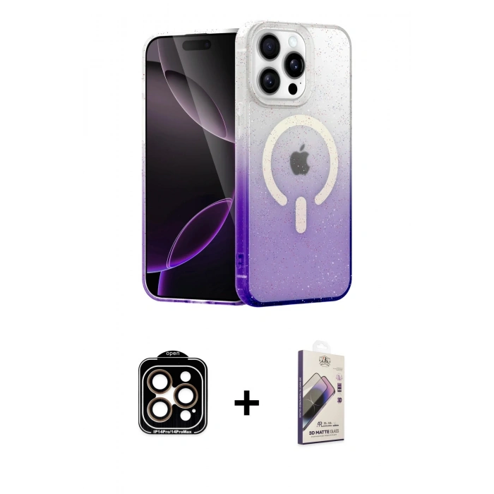 MARSİLYAN™- iPhone 15 Pro Max Kılıf Eksen Minimal Özel Seri - Siyah Bilvis 3D Mat Cam Ekran Koruyucu + PVD Metal Kamera Lens - TU