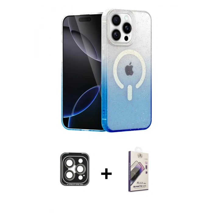 MARSİLYAN™- iPhone 15 Pro Max Kılıf Eksen Minimal Özel Seri - Siyah Bilvis 3D Mat Cam Ekran Koruyucu + PVD Metal Kamera Lens - GI
