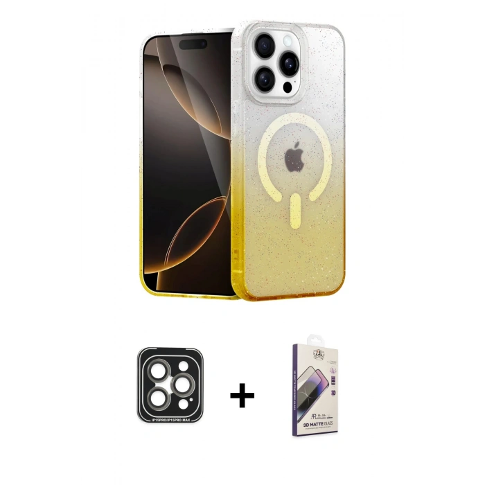MARSİLYAN™- iPhone 15 Pro Max Kılıf Eksen Minimal Özel Seri - Siyah Bilvis 3D Mat Cam Ekran Koruyucu + PVD Metal Kamera Lens - GI