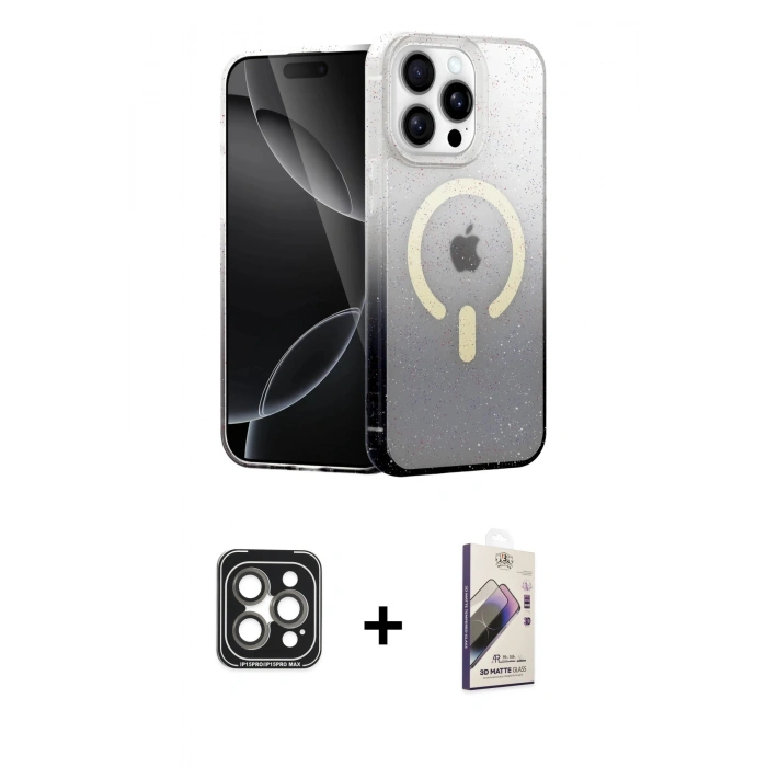 MARSİLYAN™- iPhone 15 Pro Max Kılıf Eksen Minimal Özel Seri - Siyah Bilvis 3D Mat Cam Ekran Koruyucu + PVD Metal Kamera Lens - GI