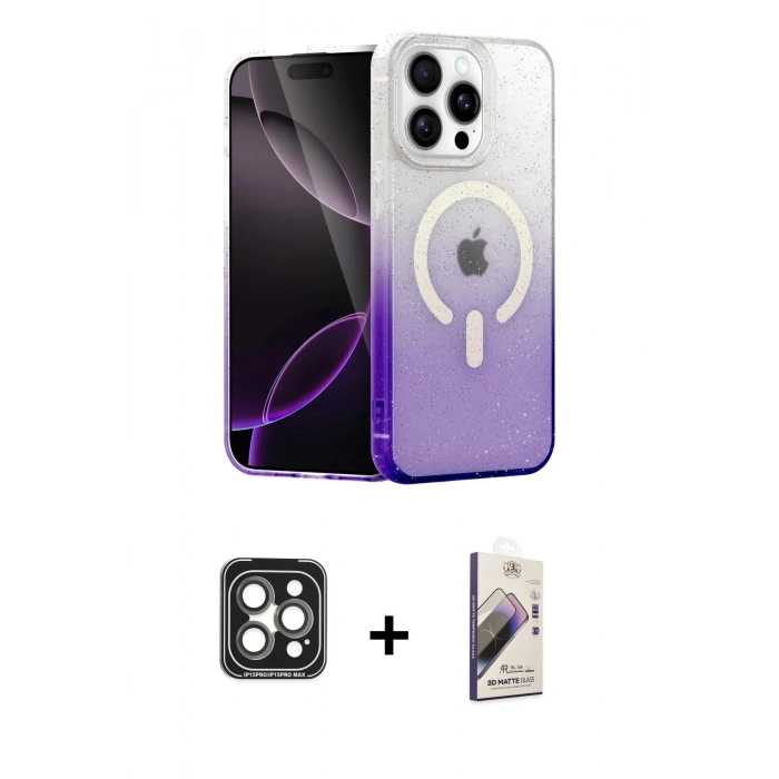 MARSİLYAN™- iPhone 15 Pro Max Kılıf Eksen Minimal Özel Seri - Siyah Bilvis 3D Mat Cam Ekran Koruyucu + PVD Metal Kamera Lens - GI