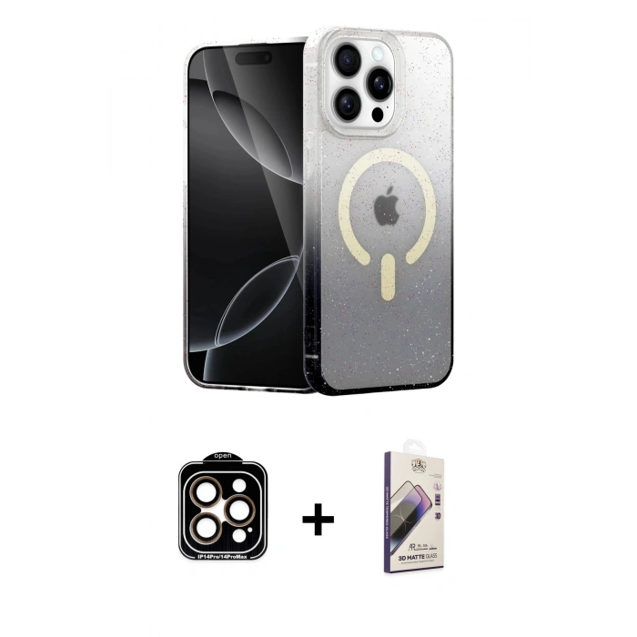 MARSİLYAN™- iPhone 15 Pro Max Kılıf Eksen Minimal Özel Seri - Siyah Bilvis 3D Mat Cam Ekran Koruyucu + PVD Metal Kamera Lens - TU