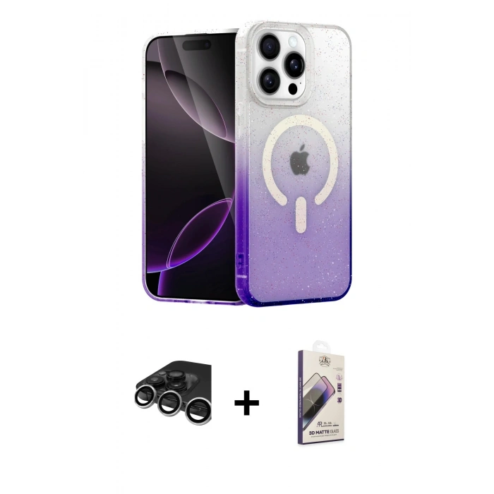 MARSİLYAN™- iPhone 15 Pro Max Kılıf Eksen Minimal Özel Seri - Siyah Bilvis 3D Mat Cam Ekran Koruyucu + Raze Metal Kamera Lens - GS