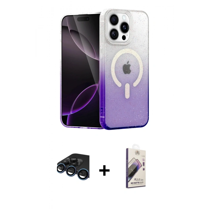 MARSİLYAN™- iPhone 15 Pro Max Kılıf Eksen Minimal Özel Seri - Siyah Bilvis 3D Mat Cam Ekran Koruyucu + Raze Metal Kamera Lens - LT