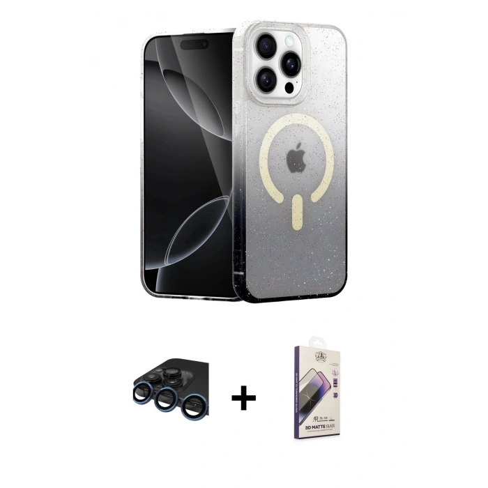 MARSİLYAN™- iPhone 15 Pro Max Kılıf Eksen Minimal Özel Seri - Siyah Bilvis 3D Mat Cam Ekran Koruyucu + Raze Metal Kamera Lens - LT