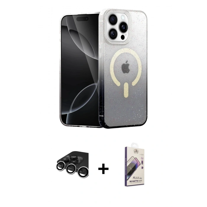 MARSİLYAN™- iPhone 15 Pro Max Kılıf Eksen Minimal Özel Seri - Siyah Bilvis 3D Mat Cam Ekran Koruyucu + Raze Metal Kamera Lens - GS