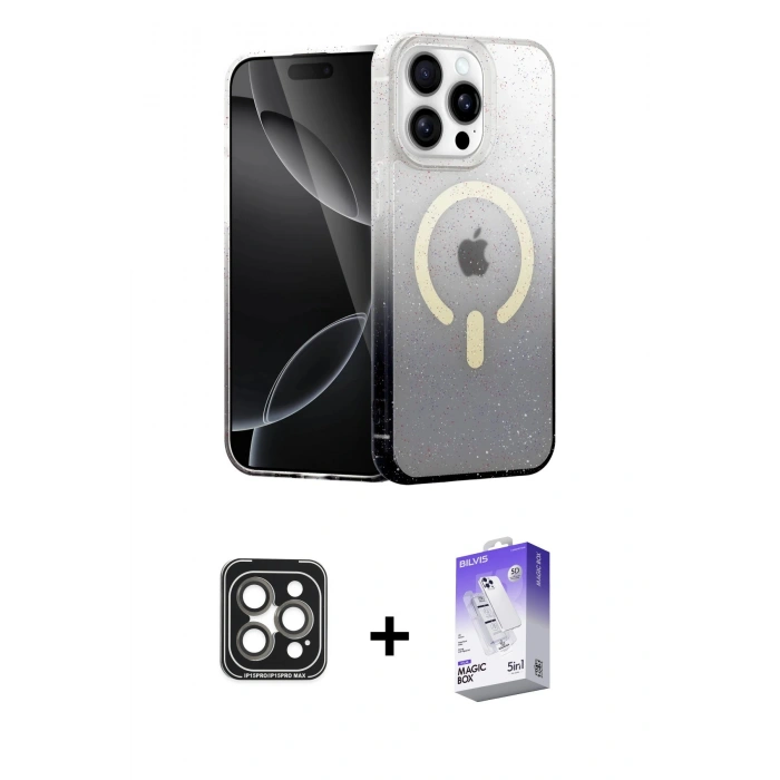 MARSİLYAN™- iPhone 15 Pro Max Kılıf Eksen Minimal Özel Seri - Siyah Bilvis 5in1 3D Magic Cam Ekran Koruyucu + PVD Metal Kamera Lens - GI