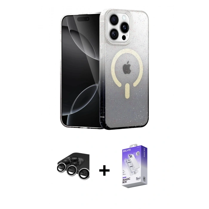 MARSİLYAN™- iPhone 15 Pro Max Kılıf Eksen Minimal Özel Seri - Siyah Bilvis 5in1 3D Magic Cam Ekran Koruyucu + Raze Metal Kamera Lens - GS