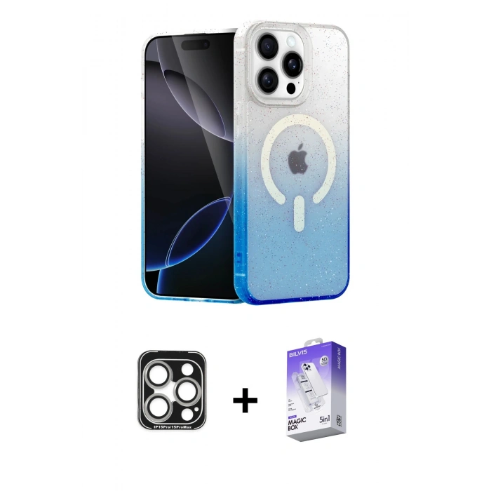 MARSİLYAN™- iPhone 15 Pro Max Kılıf Eksen Minimal Özel Seri - Siyah Bilvis 5in1 3D Magic Cam Ekran Koruyucu + Gümüş PVD Metal Kamera Lens