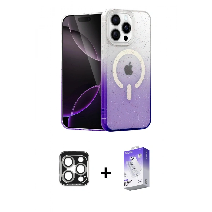 MARSİLYAN™- iPhone 15 Pro Max Kılıf Eksen Minimal Özel Seri - Siyah Bilvis 5in1 3D Magic Cam Ekran Koruyucu + Gümüş PVD Metal Kamera Lens
