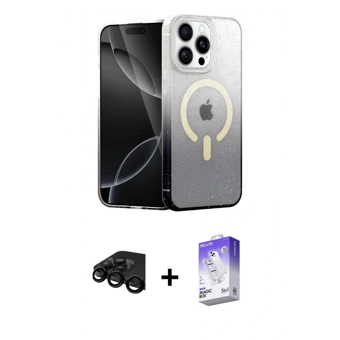 MARSİLYAN™- iPhone 15 Pro Max Kılıf Eksen Minimal Özel Seri - Siyah Bilvis 5in1 3D Magic Cam Ekran Koruyucu + Siyah Raze Metal Kamera Lens