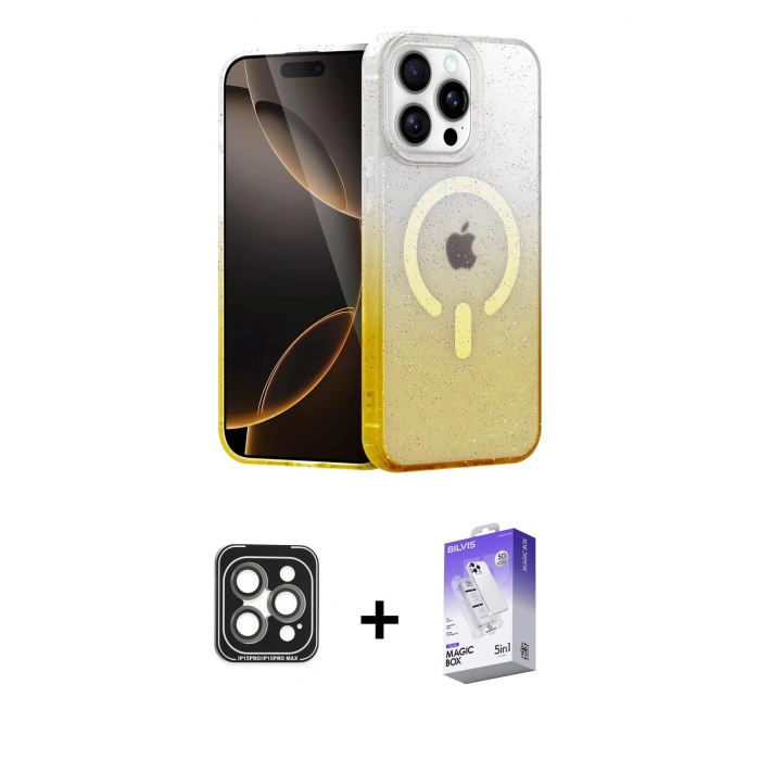 MARSİLYAN™- iPhone 15 Pro Max Kılıf Eksen Minimal Özel Seri - Siyah Bilvis 5in1 3D Magic Cam Ekran Koruyucu + PVD Metal Kamera Lens - GI