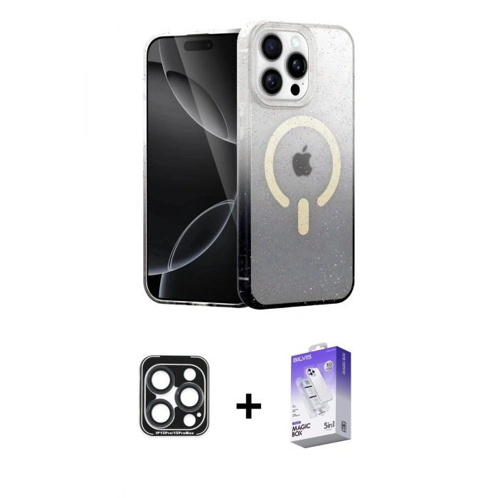 MARSİLYAN™- iPhone 15 Pro Max Kılıf Eksen Minimal Özel Seri - Siyah Bilvis 5in1 3D Magic Cam Ekran Koruyucu + PVD Metal Kamera Lens - LT