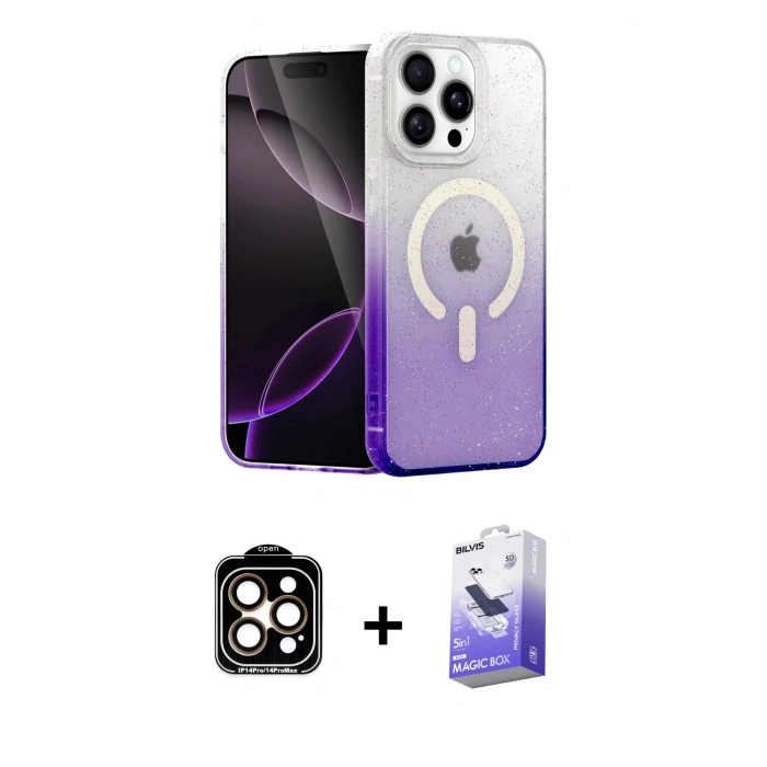 MARSİLYAN™- iPhone 15 Pro Max Kılıf Eksen Minimal Özel Seri - Siyah Bilvis 5in1 5D Magic Hayalet Cam Ekran Koruyucu + PVD Metal Kamera Lens - TU