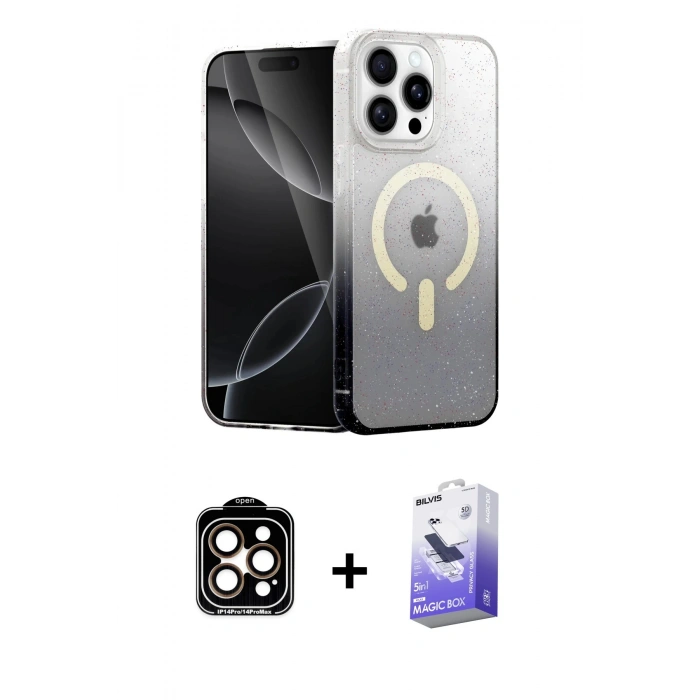 MARSİLYAN™- iPhone 15 Pro Max Kılıf Eksen Minimal Özel Seri - Siyah Bilvis 5in1 5D Magic Hayalet Cam Ekran Koruyucu + PVD Metal Kamera Lens - TU