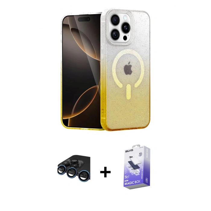 MARSİLYAN™- iPhone 15 Pro Max Kılıf Eksen Minimal Özel Seri - Siyah Bilvis 5in1 5D Magic Hayalet Cam Ekran Koruyucu + Raze Metal Kamera Lens - LT