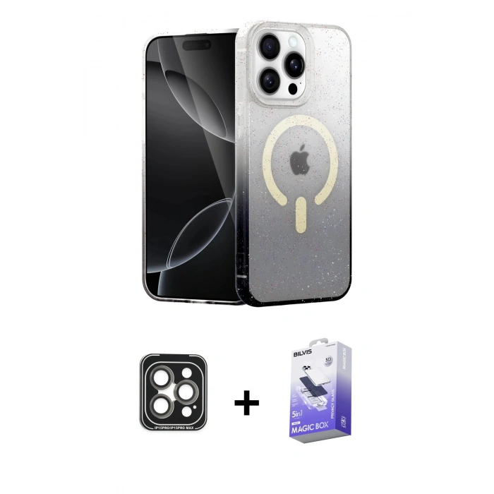 MARSİLYAN™- iPhone 15 Pro Max Kılıf Eksen Minimal Özel Seri - Siyah Bilvis 5in1 5D Magic Hayalet Cam Ekran Koruyucu + PVD Metal Kamera Lens - GI