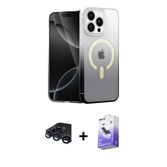 MARSİLYAN™- iPhone 15 Pro Max Kılıf Eksen Minimal Özel Seri - Siyah Bilvis 5in1 5D Magic Hayalet Cam Ekran Koruyucu + Raze Metal Kamera Lens - LT
