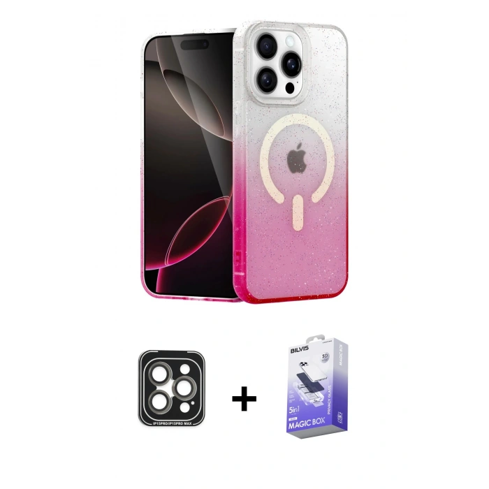 MARSİLYAN™- iPhone 15 Pro Max Kılıf Eksen Minimal Özel Seri - Siyah Bilvis 5in1 5D Magic Hayalet Cam Ekran Koruyucu + PVD Metal Kamera Lens - GI